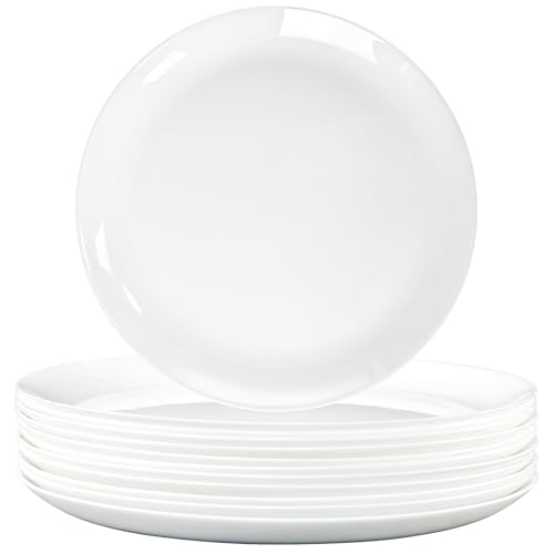Dinner Plates Set of 12, Tempered Glass White Plates, 10-1/2-Inch Round Dish Set, Microwave & Dishwasher Safe Glass Plate Set