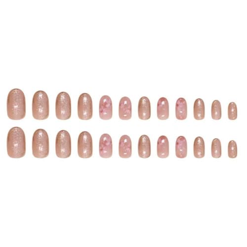 Image of Pink Flower Press on Nails Nude Fake Nails with Gold Line Design Glitter Full Cover Glue on Nails Reusable Artificial Acrylic Glossy Spring Stick on Nials Short Almond False Nails for Women manicure