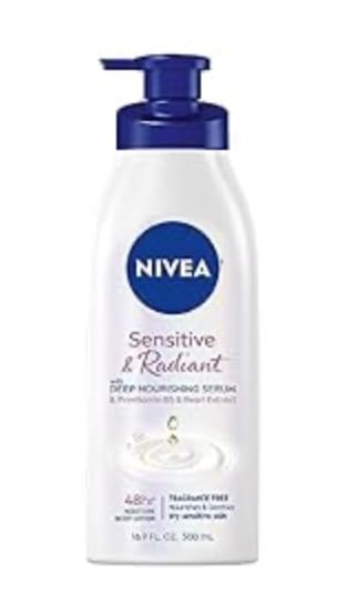 NIVEA Sensitive and Radiant Body Lotion for Sensitive Skin, Hypoallergenic, Fragrance Free Body Lotion for Women with Deep Nourishing Serum, Pearl Extract and Provitamin B5, 16.9 Fl Oz Bottle