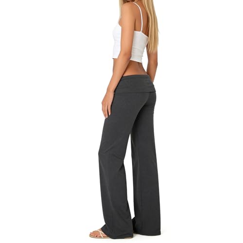 Image of Lounge Yoga Pants for Women Fold Over Low Waist Wide Leg Bell Bottoms | Y2K Foldover Pants, Flare Leggings, Low Rise Yoga Sweatpants