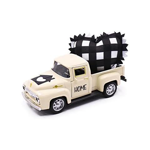 Huray Rayho 4.8 Inch Metal Farm Truck with Stuffed Fabric Buffalo Check Heart Farmhouse Rustic Home Tiered Tray Decor Buffalo Plaid Decorations Vintage Pickup Mini Diecast Truck Bookshelf Table Decors Cover