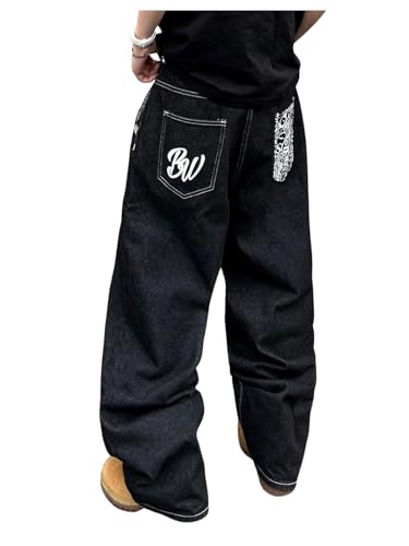 GORGLITTER Men's Baggy Wide Leg Jeans Y2k Letter Graphic Zipper Fly Denim Pants with Pockets - Main Image