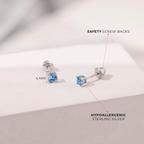 925 Sterling Silver 4mm Cubic Zirconia Screw Back Solitaire Earrings for Toddlers, Young Girls, and Teens - Classic and Elegant Blue CZ Prong Set Screw Back Earrings - Lightweight Studs4