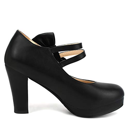 Chic Women Bow Block High Heel Mary Janes Ankle Strap Pumps Sweet Shoes Closed Toe Comfort Dress Party Pumps with Hook Loop3