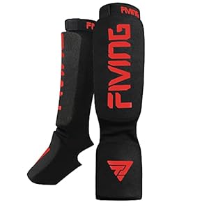 FIVING Shin Guards for Kickboxing, Muay Thai, MMA Fighting and Training Pads, Instep Foam Protection, Leg Foot Protector for Martial Arts, Sparring, Boxing Gear… (Small, Black/Red)