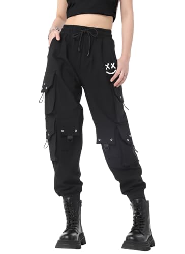 CLOAKA Cargohose Damen Hosen Jogginghose Hose Baggy Weites Bein Y2k Pants Outdoor High Waist Stretch Cargo Techwear Streetwear Bequeme Große Größen Gothic Breite Gummizug Cargohosen Print Schwarz 3XL