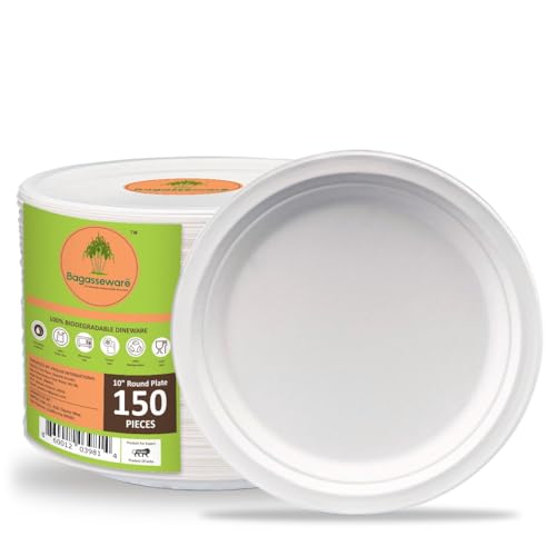 BAGASSEWARE Platos compostables redondos de 25,4 cm, 150 unidades, 3 veces más fuerte*, aptos para microondas y congelador, a prueba de remojo, biodegradables y desechables