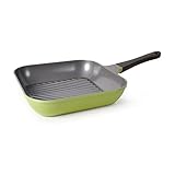 Neoflam Eela 11'' Non Stick Grill Pan Griddle Square Stovetop Grill with Sear Ridges, PFOA Free Ecolon Ceramic Coating for Skillet, broil, Fish, Vegetables and Meat, Scratch Resistant, Green