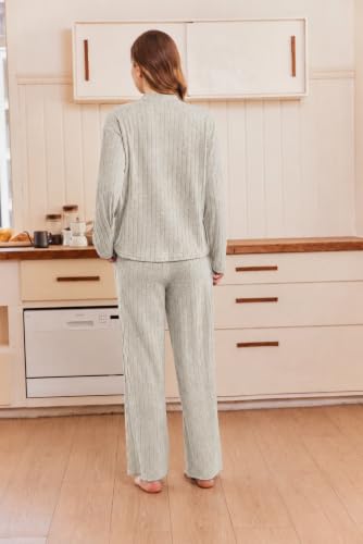 Ekouaer Lounge Sets for Women Ribbed Long Sleeve Mock Neck 2 Piece Outfit | Ribbed Knit Fabric, Mock Neck Long Sleeve Top, Wide Leg Pants With Pockets, 2 Piece Matching Set, Casual Loungewear - image 2