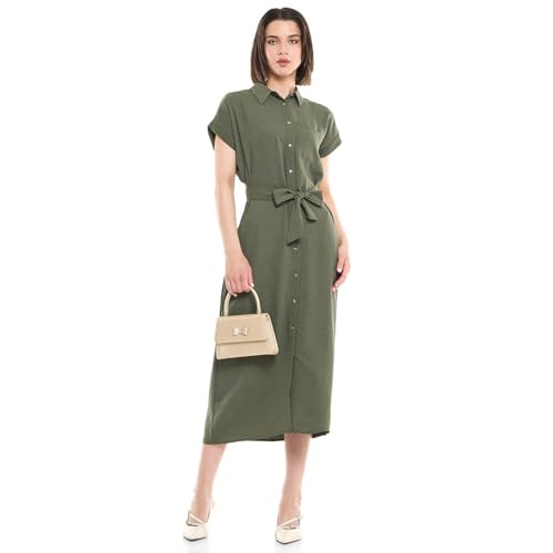 R&B Womens 425-0819WY001-2 Belted Shirt Dress with Classic Collar and Short Sleeves Olive 34