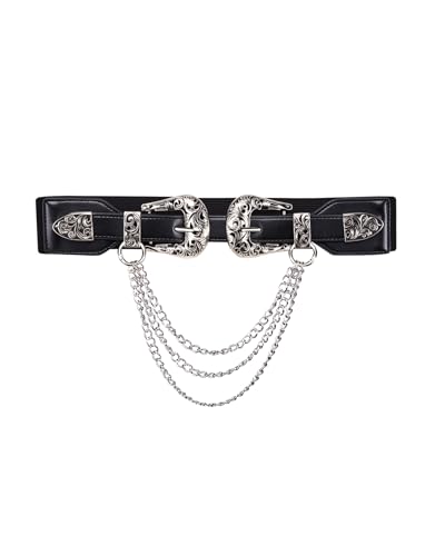Image of Dubulle Womens Belt Chain Leather Belts Vintage Western Adjustable Elastic Double Buckle for Cowboy Pant Dress