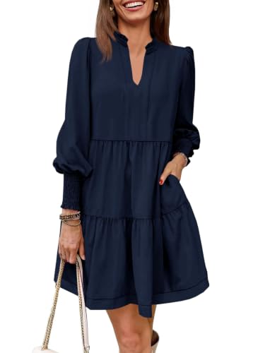 Image of Imily Bela Womens Fall Long Sleeve Tunic Dress Casual V Neck Tiered Dress | Loose,Swing,A-Line,Ruffled Collar,Puff Balloon Sleeve,Smocked Elastic Cuffs,Tiered Layered Ruffle Hem,Babydoll,Loose,Mini