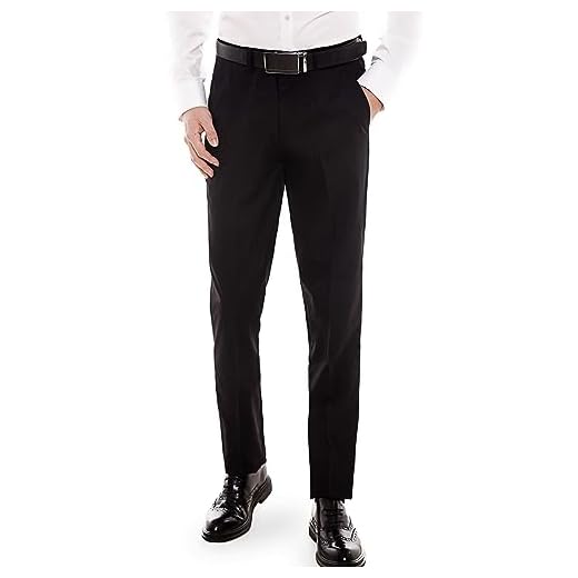 PolePlus Calça social masculina clássica slim fit frente lisa terno negócios trabalho casual calças smoking calças, Preto, 30W / 32L