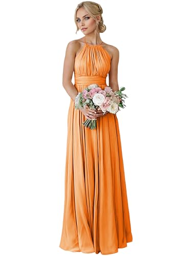 HUINI Brautjungfernkleider Lang Chiffon Neckholder - Elegant Falten Abendkleider für Hochzeit Orange 32