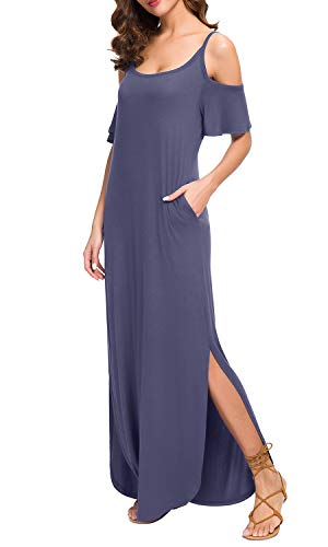 GRECERELLE Women's Summer Strapless Strap Cold Shoulder Casual Loose Dress Cover Up Long Cami Split Maxi Dresses with Pocket Purple Gray-Medium