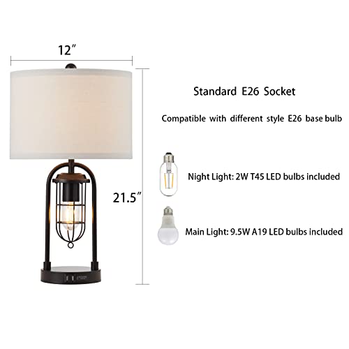 Kyrid 21'' Table Lamp Set Of 2 With Night Light And Usb Port Industrial Modern Nightstand Lamp Set (Bulbs Included) #TOP5