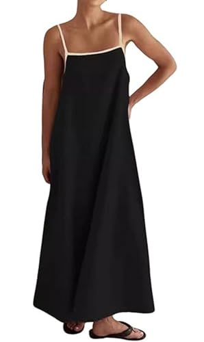 Image of Womens Summer Linen Maxi Dress Contrast Trim Spaghetti Straps Backless Sleeveless Long Flowy Dresses
