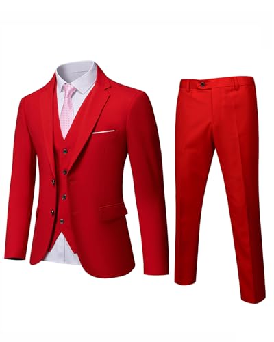 YND Men's Slim Fit 2 Button 3 Piece Suit Set, Solid Blazer Jacket Vest Pants & Tie