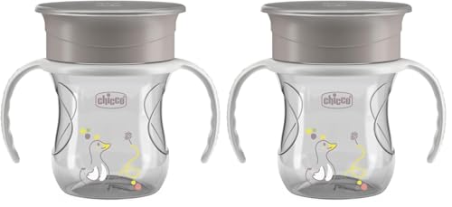 Chicco Vaso Infantil Perfect, Vaso Antiderrame para niños 200 ml, 1 Biberón 12+ Meses para Aprender a Beber, con Membrana de Silicona 360° y Asas Extraíbles, 0% BPA, Gris (Paquete de 2)