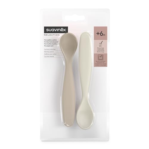 Suavinex, Pack 2 Cucharas para Bebés de Aprendizaje. Cucharas Infantiles. Aptas Encías Sensibles. Con Mango Largo. Ideal Papillas y Potitos. Aptas Lavavajillas. Ergonómicas. Bebés +6 Meses, Beige