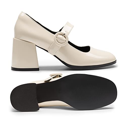 DREAM PAIRS Chunky Heels for Women Block Heels Closed Toe Mary Jane Shoes Comfortable Dress Office Church Pumps,Size 8.5,Bright Beige White,SDPU2232W
