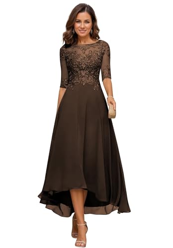 Mother of The Bride Dresses Tea Length for Wedding Beads Lace Chiffon Formal Gown with Pockets