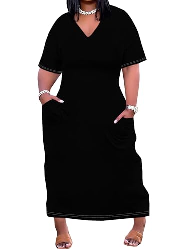 Image of SUZONANA Black Plus Size Maxi Dresses for Women Short Sleeve Summer T-Shirts Casual Dress Sundress with Pockets 3XL