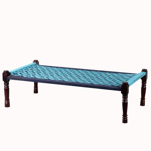 Image of Solid Sheesham Wood Charpai Khat Bed | Wooden Khatiya Charpai Desi | Handcrafted Khatiya Bed with Cotton Rope | Strong Khat for Indoor & Outdoor Use | 6X3 Feet | Light and Dark Blue