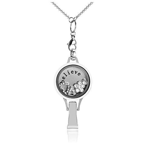 Floating Locket Lanyard with Badge Holder Included Chain and Choice of 6 Charms and 1 Plate (Silver White) Cover