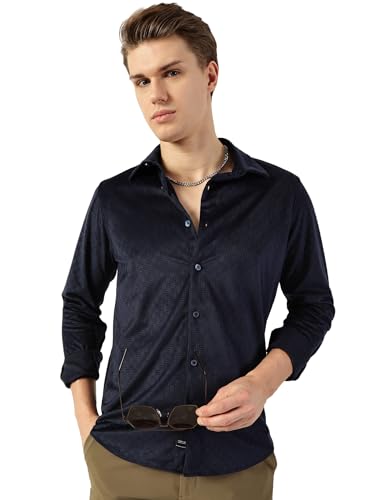 Image of Thomas Scott Men's | Solid | Textured Fabric | Full Sleeve | Slim Fit | Polyester-Blend | Spread Collar | Casual Shirt