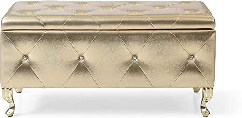 Ac Pacific Bench With Upholstered Tufted Leather Cushion Leg Finish, Glam Storage Ottoman For Entryway, Hallway, Living Room Or Bedroom, Gold Crystal #TOP7
