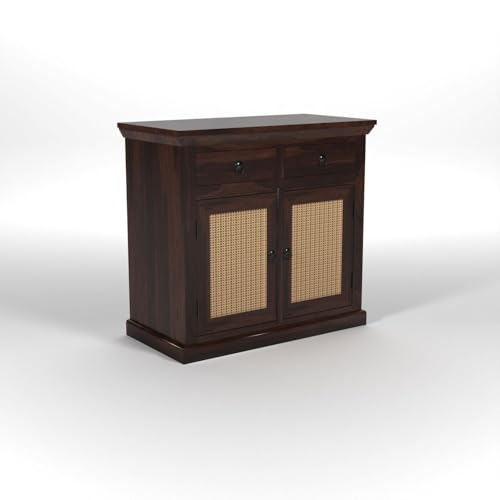 Image of Solid Sheesham Wood Sideboard Cabinet with Cane Woven Doors 2 Rack and 2 Drawers | Wooden Storage Cabinet for Living Room & Dining Room (Walnut Finish)