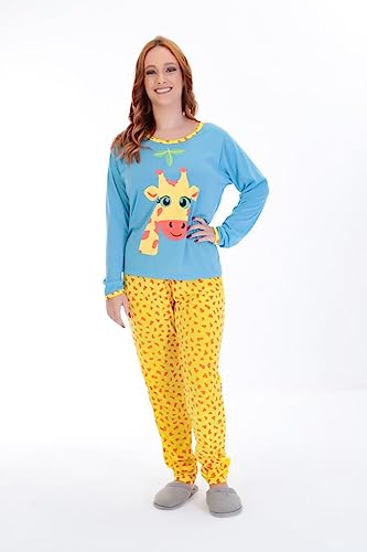Pijama Longo Personagem Adulto Conjunto Inverno Estampado Frio Manga Longa Calça Girafa Azul M