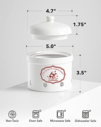 Le Tauci Garlic Keeper, 5 Inch Vented Ceramic Storage Container Holder, Reserve For Garlic, Onion, Lemon, Patato, Ginger Or Shallots, 1 Pack, White #TOP2