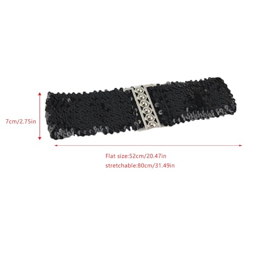 2 Pack Women Wide Elastic Belts Shiny Glitter Bling Sparkly Sequin Belt Retro Cinch Belt Waistband for 70s 80s Costume Party Disco Outfit Sparkle Flare Jumpsuit Halloween Cosplay Sequins Dress2