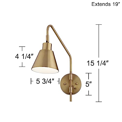 Image of 360 Lighting Marybel Modern Adjustable Swing Arm Wall Lamps Set of 2 Brass Gold Plug-in Light Fixture Tapered Cone Metal Shade for Bedroom Bedside House Reading Living Room Home Hallway
