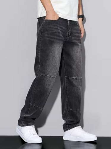 Image of Men's Pure Cotton Relaxed Fit Jeans | Washed Black Denim Pants for Men | Straight Leg Casual Denim Trousers | Comfortable Everyday Wear Jeans