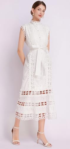 Image of LAI MENG FIVE CATS Women's Sleeveless Hollow Out Lace Button Up Casual Midi Party Dress with Belt