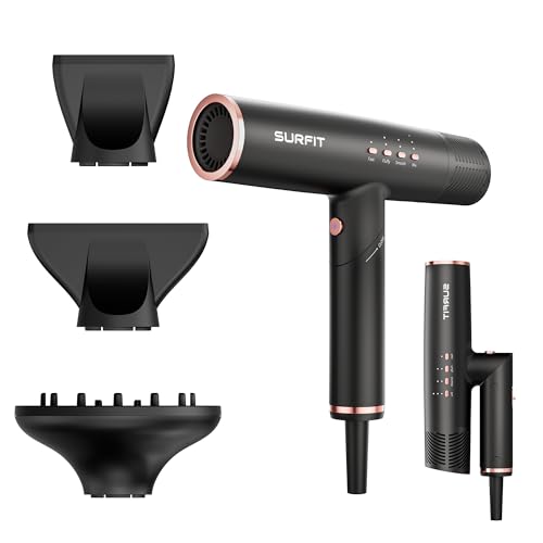 Hair Dryer with Diffuser, Surfit Blow Dryer, Foldable Travel Hairdryer, 110,000 RPM Professional Ionic Hair Dryer for All Hair Types, 1 Min Fast Drying, Precision Styling, No Heat Damage