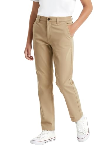 PATPAT Youth Boys Straight Pants Khaki Size 11-12 Years School Uniform Casual Elastic Waist Zip Button Closure Chino Twill Pants with Pockets