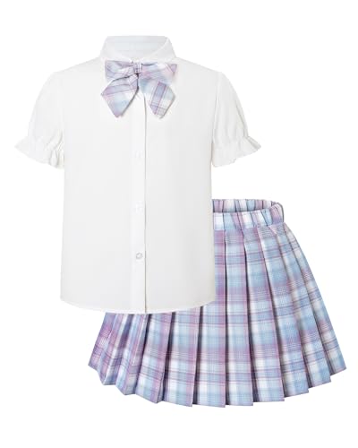 Image of Betusline Girls Skirt Set JK School Uniform 2-Piece Outfit - Short Sleeve Shirt with Bow & Pleated Skirt 4T-14Y