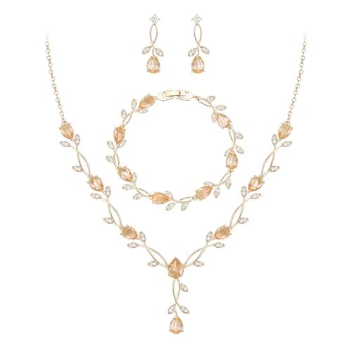 Image of EVER FAITH Cubic Zirconia Pearl Leaf Bridal Jewelry Set for Bride Women