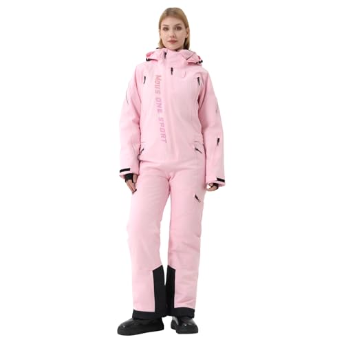 MOUS ONE Women One Pieces Ski Suits Waterproof Warm Insulated Ski Jumpsuit Removable Hood Snowsuit for Snow Sport(Pink 1 X-Large)