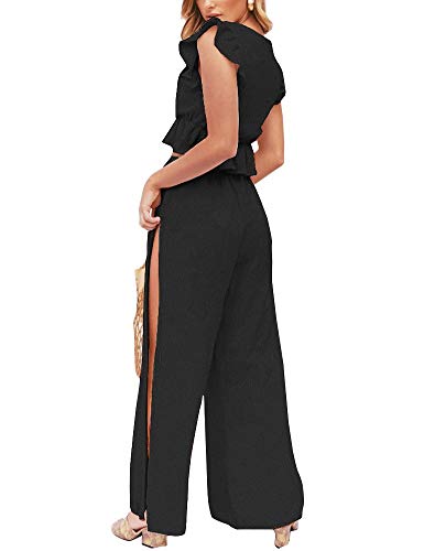FANCYINN Womens 2 Pieces Outfits Deep V Neck Crop Top Side Slit Drawstring Wide Leg Pants Set Jumpsuits3