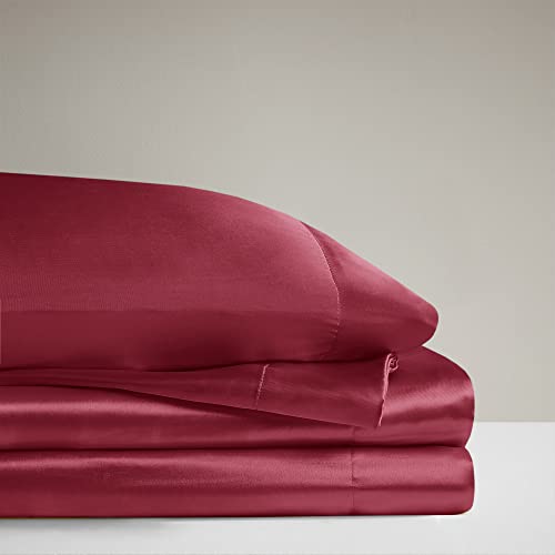 Image of Madison Park Essentials Satin Sheets Cal King Size Bed Set, 6 Piece, Red | Luxury and Smooth Silky Bedding with Natural Sheen, All Around Elastic 14 inch Pocket fits up to 16 inch Mattress, Year-Round Cozy