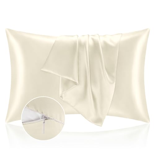 BEDELITE Satin Pillowcase with Zipper 2 Pack, Beige Pillow Cases Standard Size, Super Soft and Cooling Similar to Silk Pillow Cases, Gift for Women Men(20x26 Inches)
