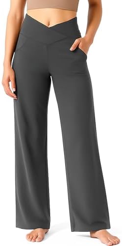 Wide Leg Yoga Pants for Women, Crossover High Waisted Lounge Pants with Pockets, Loose Straight Leg Casual Pants