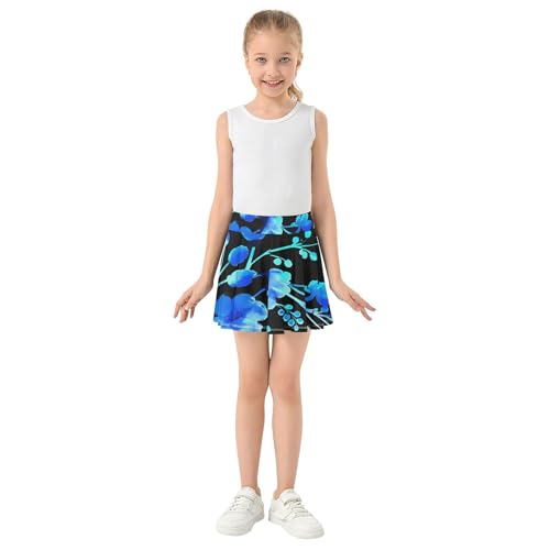 Joisal Watercolor Blue Turquoise Flowers Leaves Black Kids Tennis Skirts Neon Girls Skorts Athletic Shorts Pleated Skort 4t3