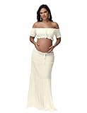 JustVH Maternity 2 Piece Outfits Dress Boho Off Shoulder Ruffle Tube Top Flowy Long Skirt for Photoshoot Baby Shower Beige