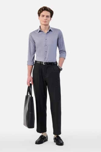 Image of SNITCH Men Formal Shirt | Tailored Slim Fit Full Sleeve Spread Collar Solid Style | Breathable Polyester Viscose Blend Twill Fabric for Office & Evening